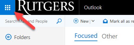 An arrow points to the Microsoft 365 app switcher icon found in Outlook.
